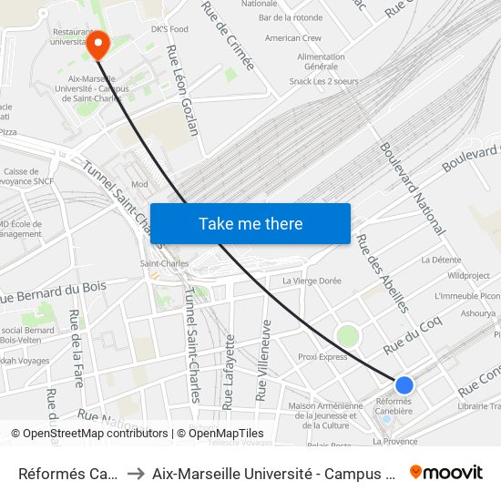 Réformés Canebière to Aix-Marseille Université - Campus De Saint-Charles map