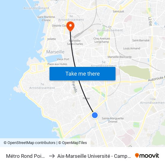 Métro Rond Point Du Prado to Aix-Marseille Université - Campus De Saint-Charles map