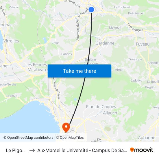 Le Pigonnet to Aix-Marseille Université - Campus De Saint-Charles map