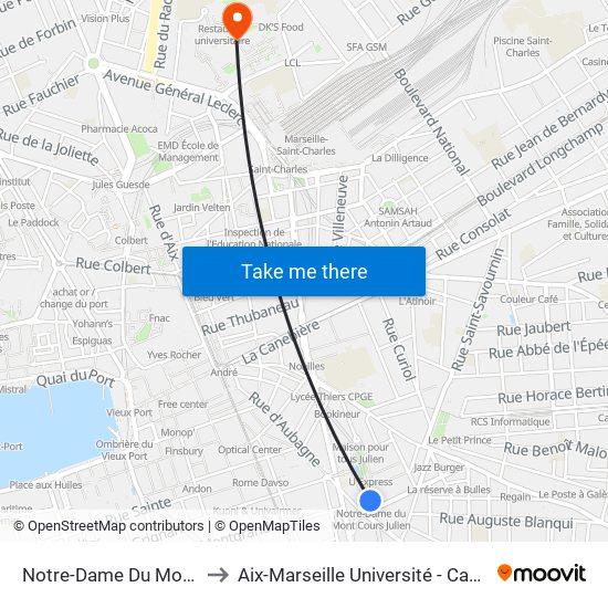 Notre-Dame Du Mont (Cours Julien) to Aix-Marseille Université - Campus De Saint-Charles map