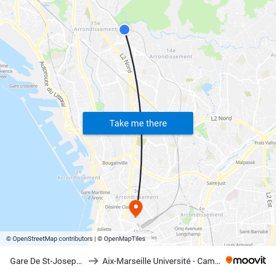 Gare De St-Joseph-Le-Castellas to Aix-Marseille Université - Campus De Saint-Charles map