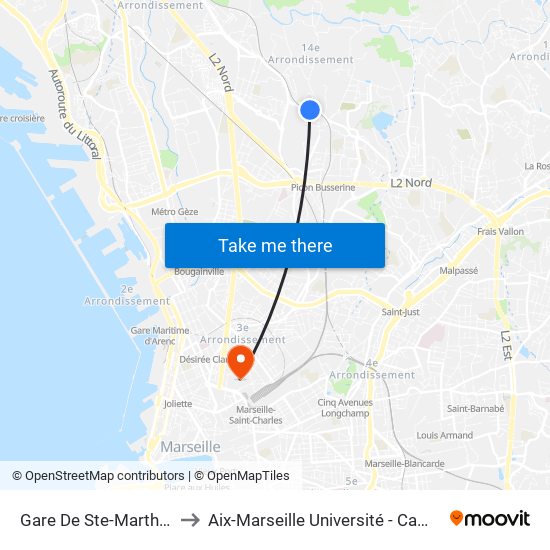 Gare De Ste-Marthe-En-Provence to Aix-Marseille Université - Campus De Saint-Charles map