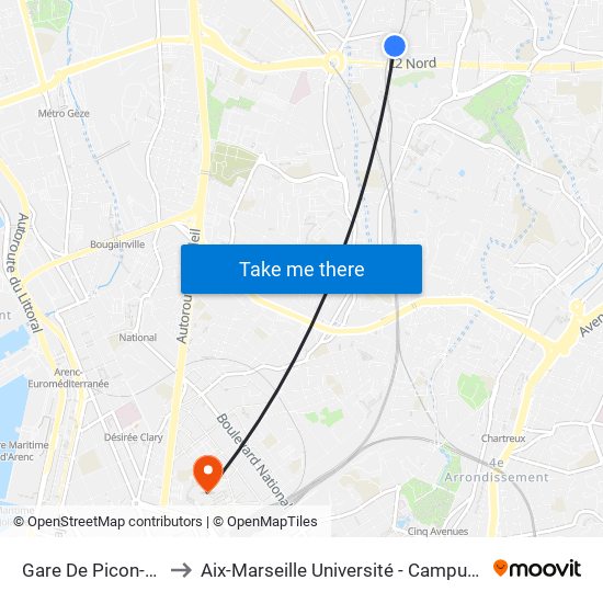 Gare De Picon-Busserine to Aix-Marseille Université - Campus De Saint-Charles map