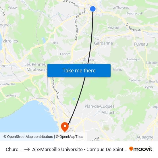 Churchill to Aix-Marseille Université - Campus De Saint-Charles map