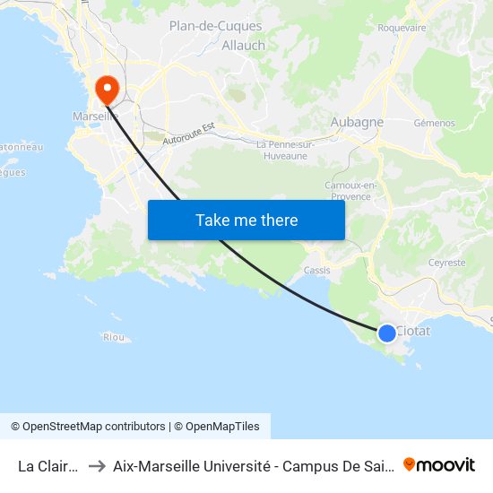 La Clairette to Aix-Marseille Université - Campus De Saint-Charles map