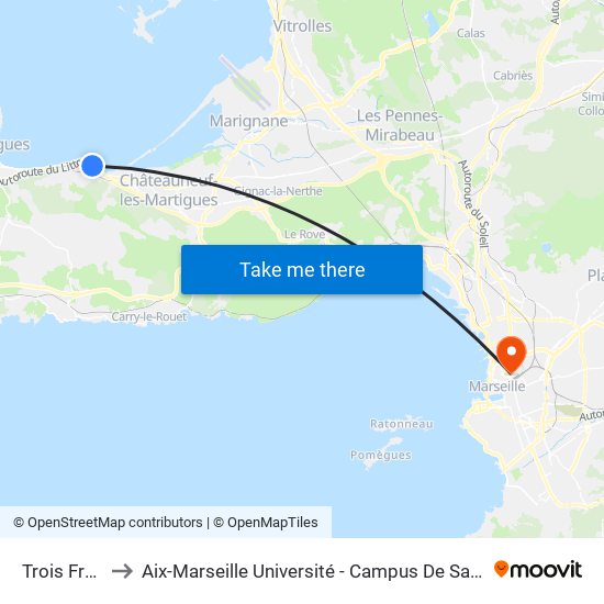 Trois Frères to Aix-Marseille Université - Campus De Saint-Charles map