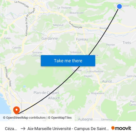 Cézanne to Aix-Marseille Université - Campus De Saint-Charles map