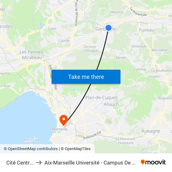 Cité Centrale 1 to Aix-Marseille Université - Campus De Saint-Charles map