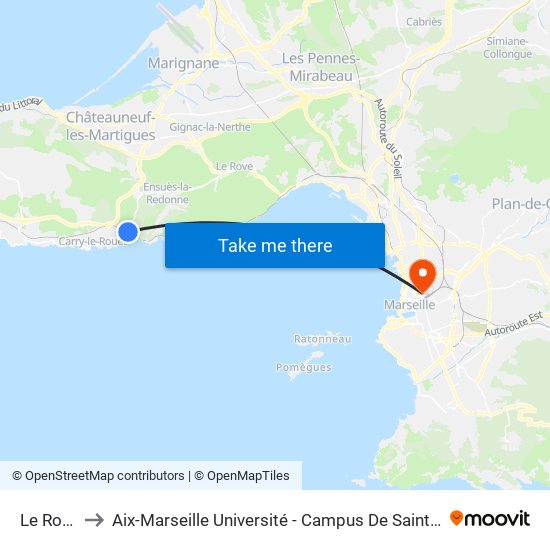 Le Rouet to Aix-Marseille Université - Campus De Saint-Charles map