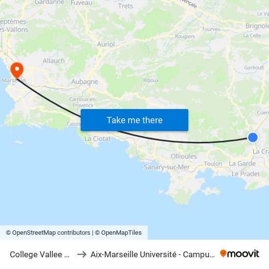 College Vallee Du Gapeau to Aix-Marseille Université - Campus De Saint-Charles map