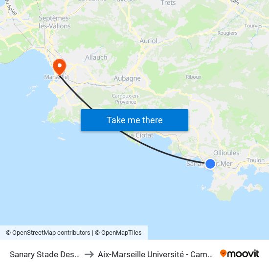Sanary Stade Des Picotieres E to Aix-Marseille Université - Campus De Saint-Charles map