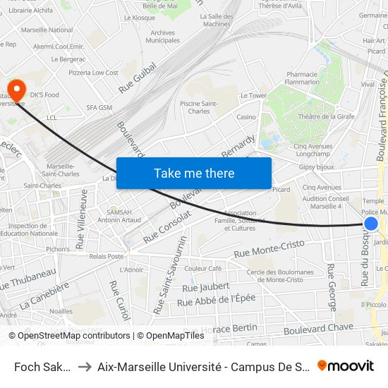 Foch Sakakini to Aix-Marseille Université - Campus De Saint-Charles map