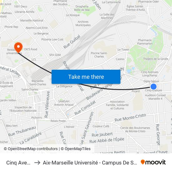 Cinq Avenues to Aix-Marseille Université - Campus De Saint-Charles map