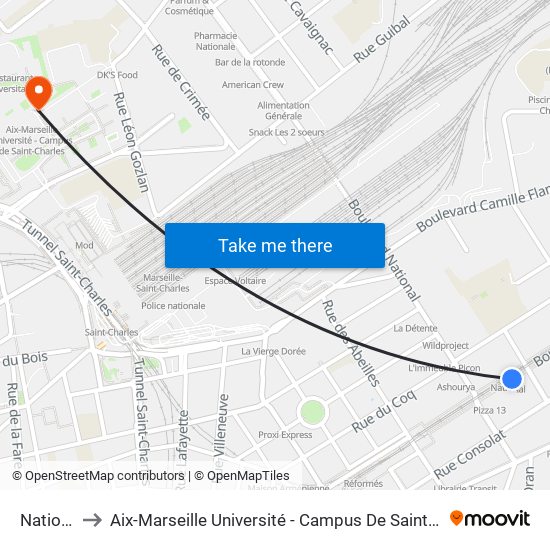 National to Aix-Marseille Université - Campus De Saint-Charles map