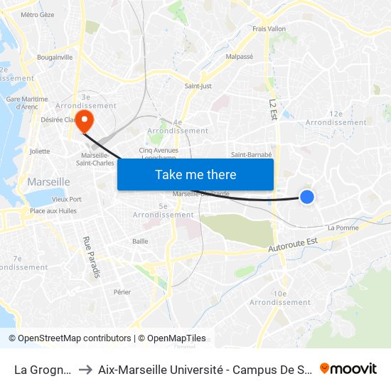 La Grognarde to Aix-Marseille Université - Campus De Saint-Charles map