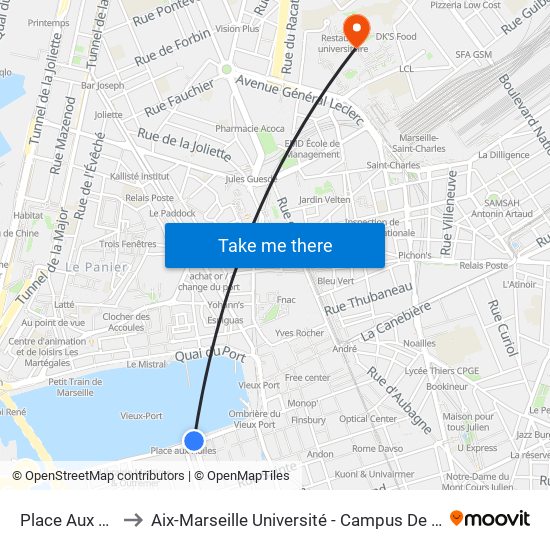 Place Aux Huiles to Aix-Marseille Université - Campus De Saint-Charles map