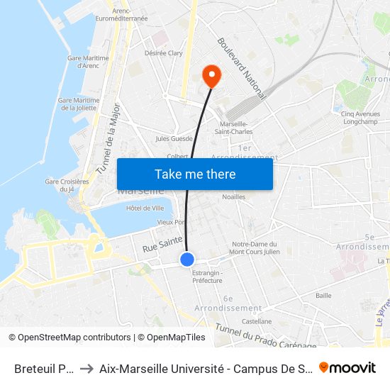 Breteuil Puget to Aix-Marseille Université - Campus De Saint-Charles map