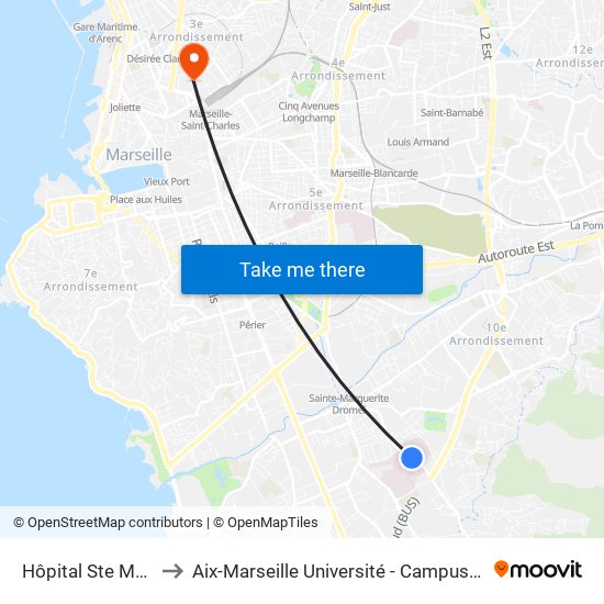 Hôpital Ste Marguerite to Aix-Marseille Université - Campus De Saint-Charles map