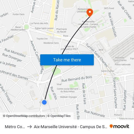 Métro Colbert to Aix-Marseille Université - Campus De Saint-Charles map