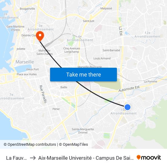 La Fauvière to Aix-Marseille Université - Campus De Saint-Charles map