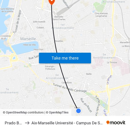 Prado Borde to Aix-Marseille Université - Campus De Saint-Charles map