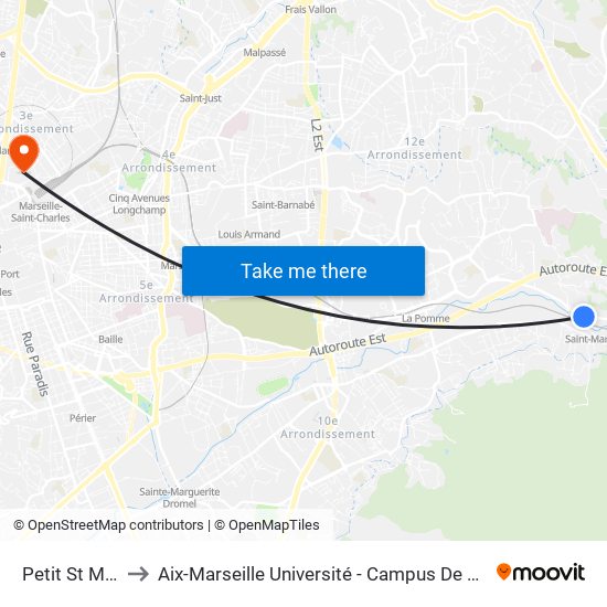 Petit St Marcel to Aix-Marseille Université - Campus De Saint-Charles map