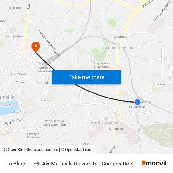 La Blancarde to Aix-Marseille Université - Campus De Saint-Charles map