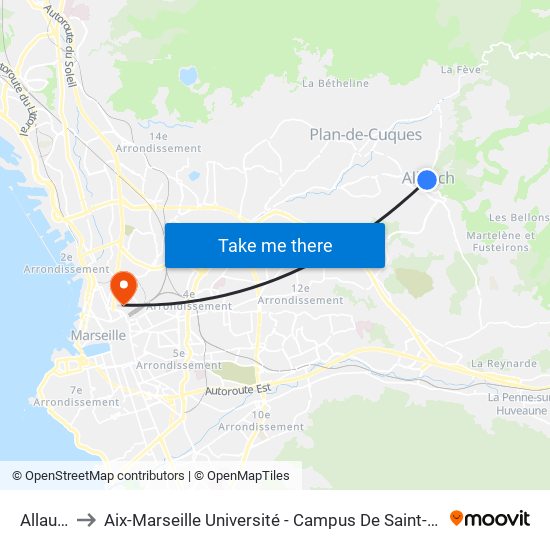Allauch to Aix-Marseille Université - Campus De Saint-Charles map