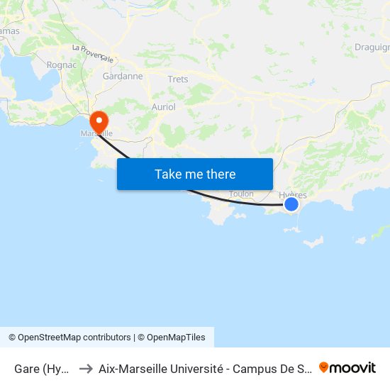 Gare (Hyères) to Aix-Marseille Université - Campus De Saint-Charles map