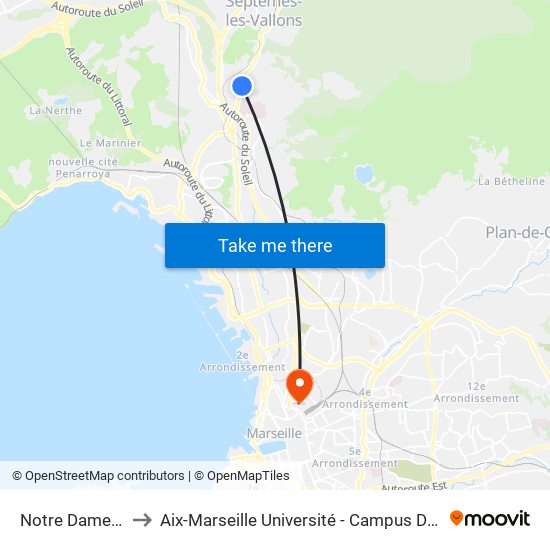 Notre Dame Limite to Aix-Marseille Université - Campus De Saint-Charles map