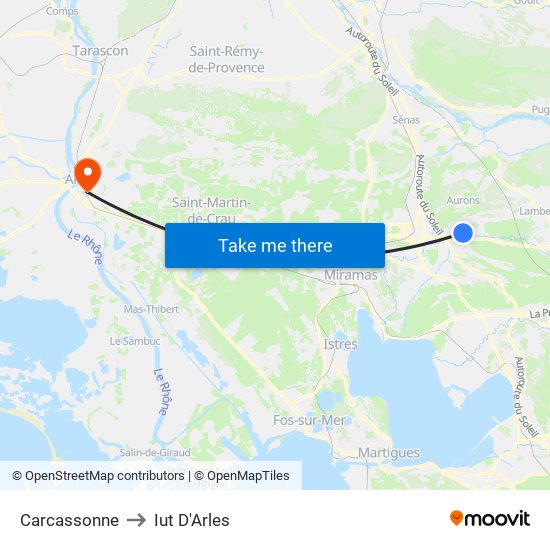 Carcassonne to Iut D'Arles map