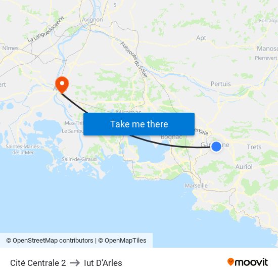 Cité Centrale 2 to Iut D'Arles map
