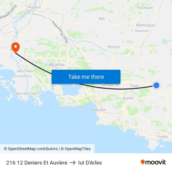 216 12 Deniers Et Auvière to Iut D'Arles map