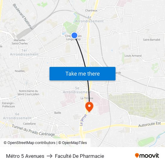 Métro 5 Avenues to Faculté De Pharmacie map
