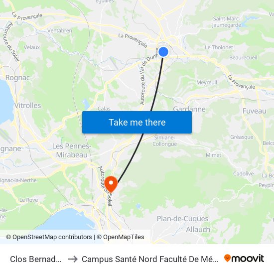 Clos Bernadette to Campus Santé Nord Faculté De Médecine map