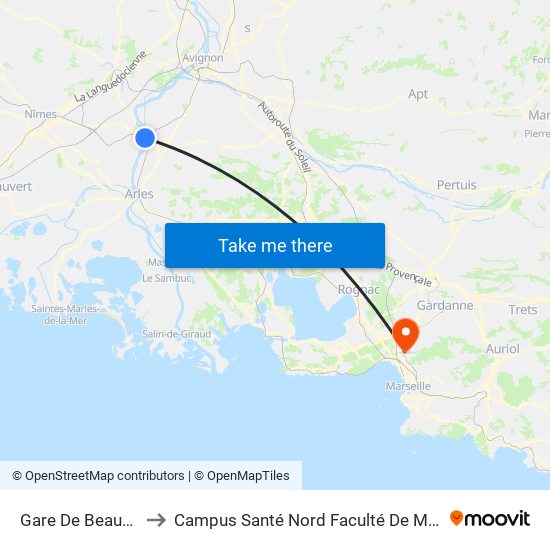 Gare De Beaucaire to Campus Santé Nord Faculté De Médecine map