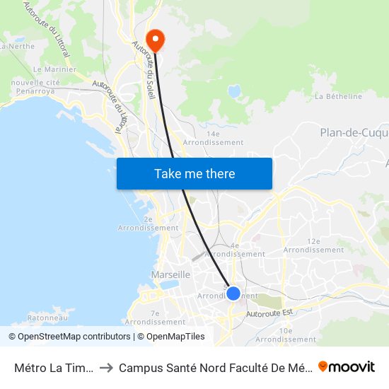 Métro La Timone to Campus Santé Nord Faculté De Médecine map