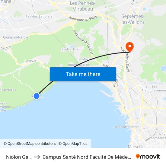 Niolon Gare to Campus Santé Nord Faculté De Médecine map