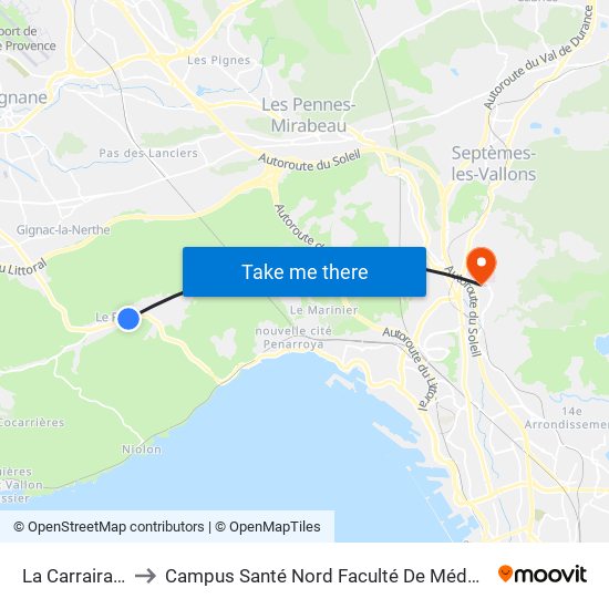 La Carrairade to Campus Santé Nord Faculté De Médecine map
