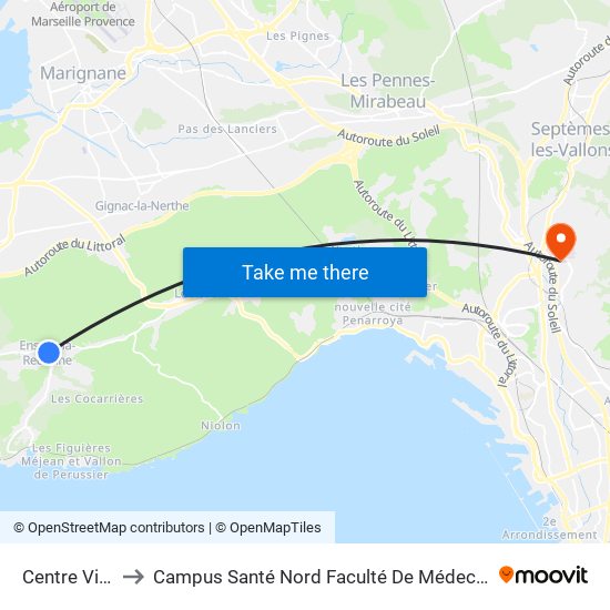 Centre Ville to Campus Santé Nord Faculté De Médecine map