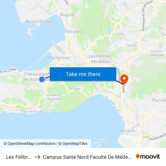 Les Félibres to Campus Santé Nord Faculté De Médecine map