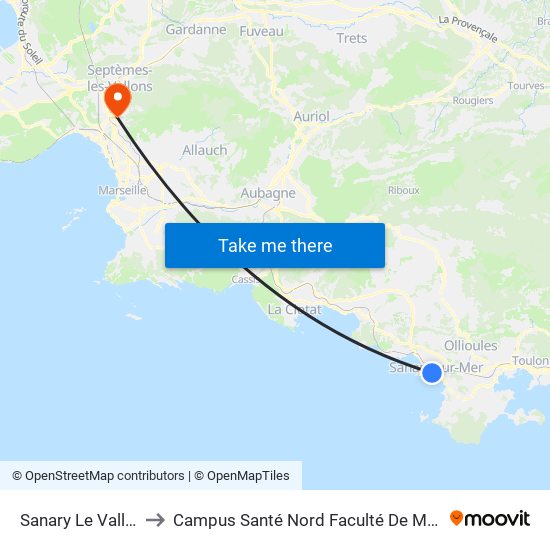 Sanary Le Vallon E to Campus Santé Nord Faculté De Médecine map