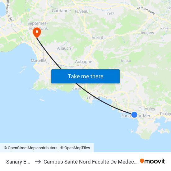 Sanary Eole to Campus Santé Nord Faculté De Médecine map