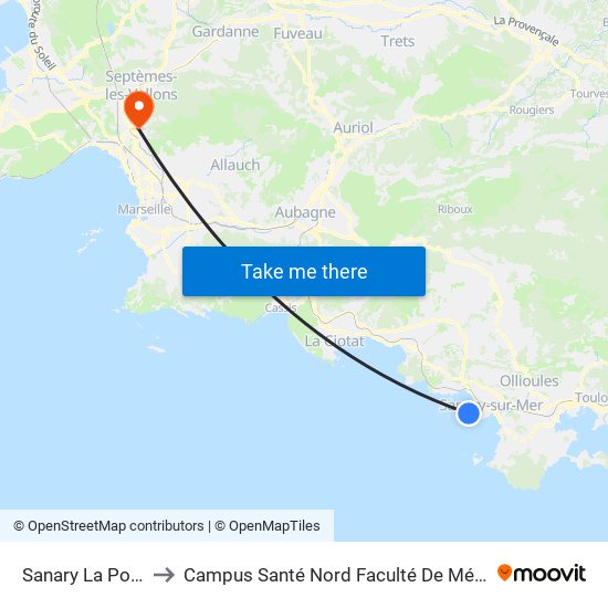 Sanary La Pointe to Campus Santé Nord Faculté De Médecine map