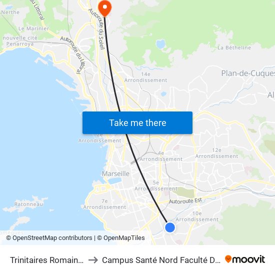 Trinitaires Romain Rolland to Campus Santé Nord Faculté De Médecine map