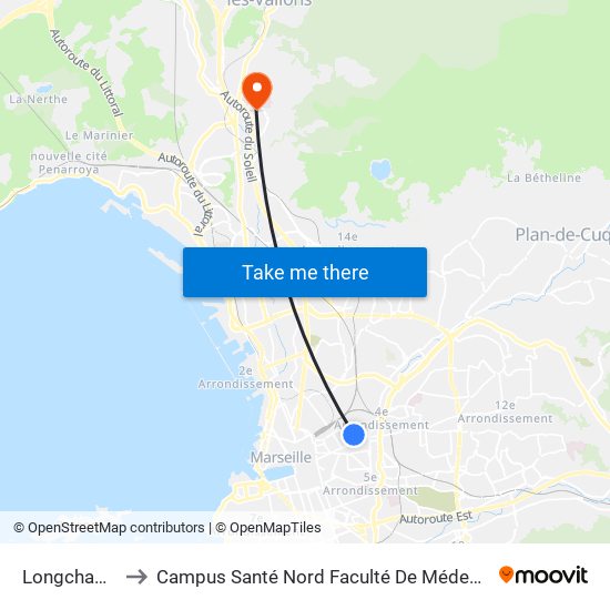 Longchamp to Campus Santé Nord Faculté De Médecine map