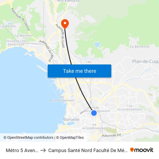 Métro 5 Avenues to Campus Santé Nord Faculté De Médecine map