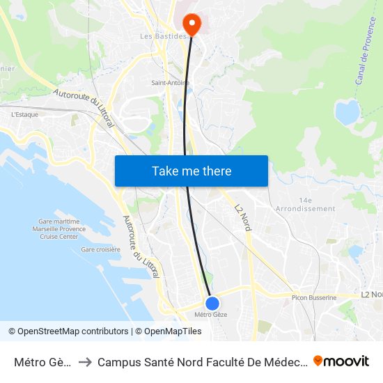 Métro Gèze to Campus Santé Nord Faculté De Médecine map