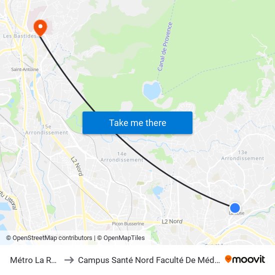 Métro La Rose to Campus Santé Nord Faculté De Médecine map