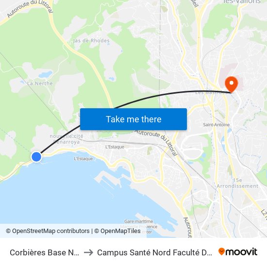 Corbières Base Nautique to Campus Santé Nord Faculté De Médecine map